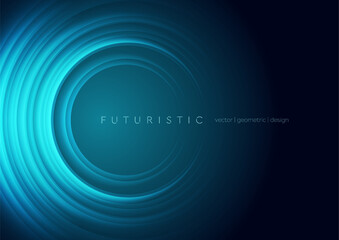 Glowing blue smooth circles abstract tech geometric background. Vector elegant wavy design