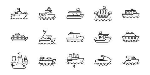 Collection of Line Art Boat Icons for Transportation, Navigation, and Maritime Themes