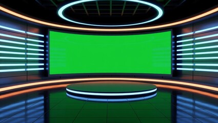 Modern studio with green screen and neon lighting
