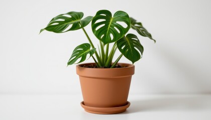 Obraz premium Charming Green Monstera Plant in Simple Terracotta Pot on a Bright White Background for Home Decor and Interior Design Inspiration