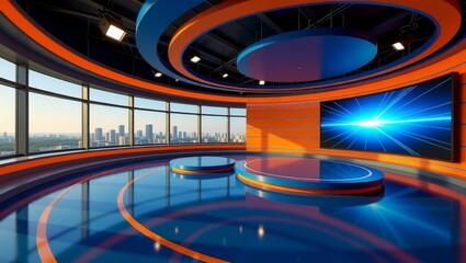 Modern news studio with city skyline and large screen