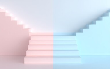 Pink and blue split background featuring staircases ascending on opposite sides