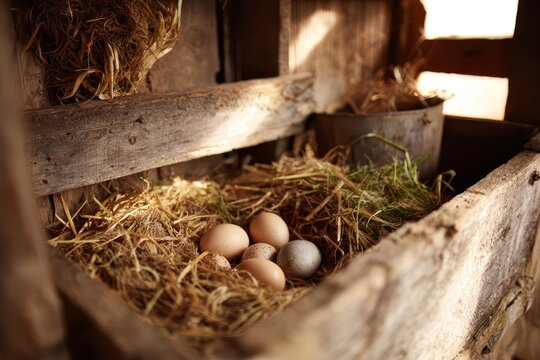 Close-up of chicken eggs in a wooden nesting box on a small Ontario farm at dawn