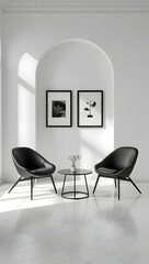 Minimalist interior with seating area and abstract art