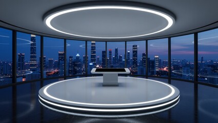 Futuristic observation deck with cityscape at dusk