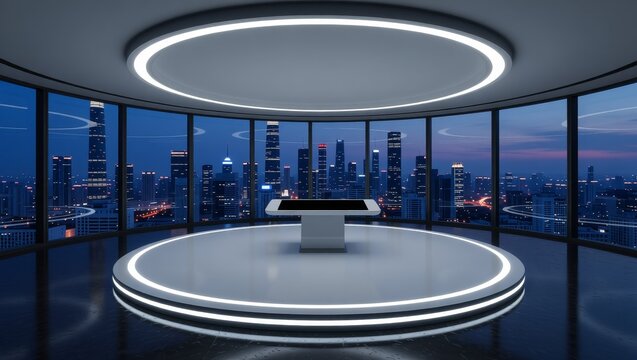 Futuristic observation deck with cityscape at dusk