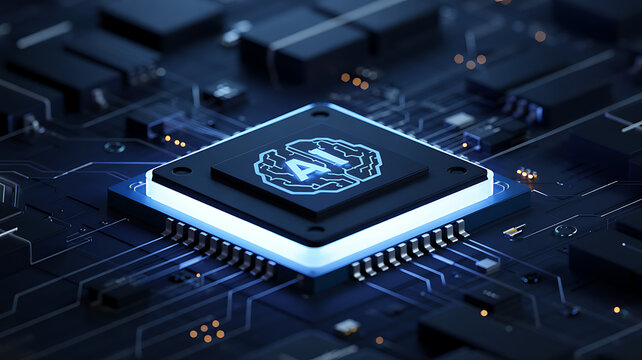 A macro close-up of a blue electronic circuit board displays digital chip and processor hardware for computer technology