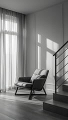 Modern minimalist interior with armchair and natural light