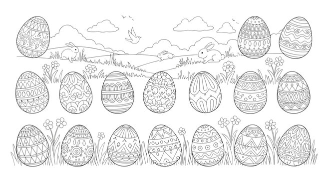 Easter holiday illustration of decorated eggs in a field with bunnies and birds. - Powered by Adobe