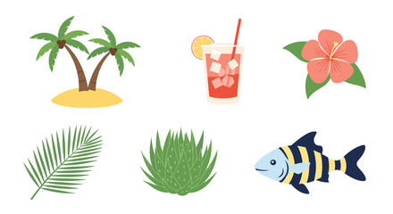 Collection of tropical beach and ocean-themed illustrations with palm trees, a cocktail, a hibiscus flower, a fern leaf, an aloe vera plant, and a fish.