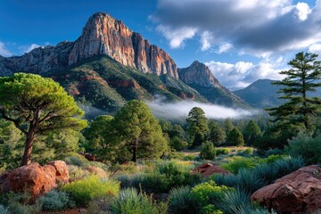 the red rocks in sedona, arizona at sunset with dramatic clouds and an orange glow on top of one rock formation.
