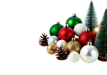 Festive collection of shiny baubles and miniature pine trees arranged on a white background, perfect for Christmas and holiday decorations, creating a vibrant seasonal atmosphere