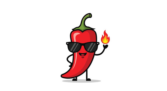 Cartoon red chili pepper wearing sunglasses and holding a flame in its hand.