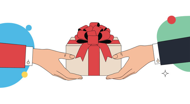 Two hands exchanging a gift wrapped in a red ribbon and bow.