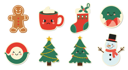 Fototapeta premium Cute Christmas themed illustrations featuring gingerbread man, hot chocolate, stocking, and snowman.