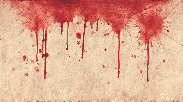 Blood stains splatter and drip down a light brown textured surface, evoking a sense of mystery and drama