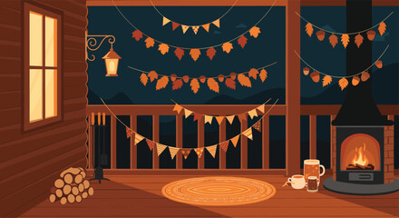 Cozy autumn evening on a wooden porch with a fireplace and festive decorations.