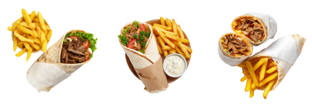 Delicious wraps and fries feast restaurant setting food photography transparent background