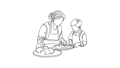 Mother and child baking together line art vector illustration