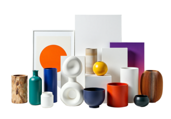 A vibrant collection of decorative vases and geometric shapes, arranged artfully on a clean white background, showcasing modern design and artistic home decor concepts