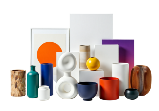 A vibrant collection of decorative vases and geometric shapes, arranged artfully on a clean white background, showcasing modern design and artistic home decor concepts