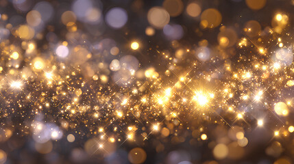 Radiant sparkle with gold stardust, shimmering light, fantasy glitter and flare, magic glow, vibrant starry effect, twinkling celebration background with white bokeh and luxurious illumination