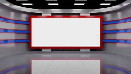 Modern news studio with large screen and curved walls