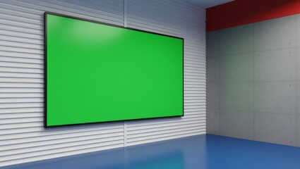 Green screen mounted on slatted wall interior