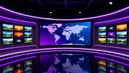 News studio with world map and nature screens