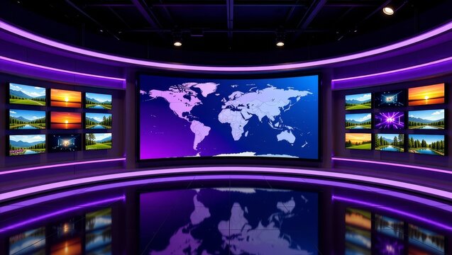 News studio with world map and nature screens