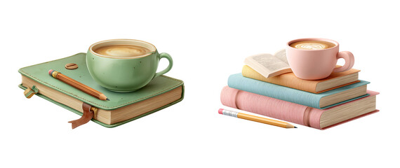 Coffee and books create a cozy reading nook for relaxation and study time on transparent background