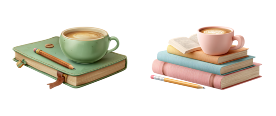 Coffee and books create a cozy reading nook for relaxation and study time on transparent background