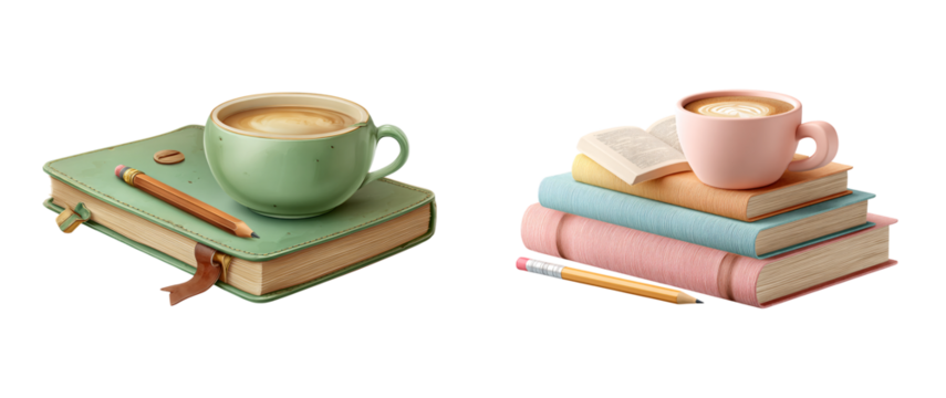 Coffee and books create a cozy reading nook for relaxation and study time on transparent background