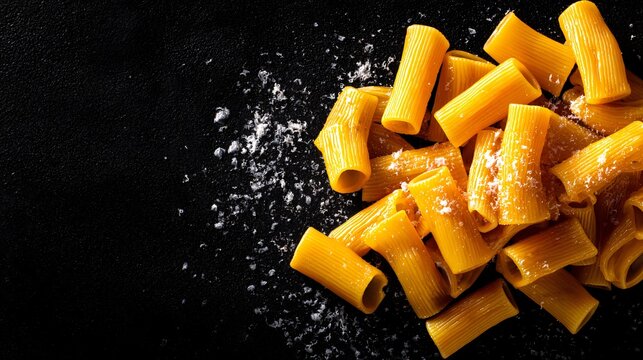 A modern flat lay of rigatoni, black matte background, high contrast