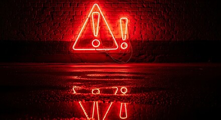 Red neon warning sign with exclamation marks glows on dark wall, urgent reflection on wet surface symbolizing critical danger and immediate alert