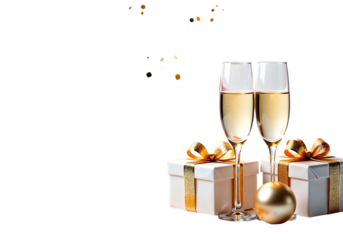A festive composition for a holiday greeting card with two glasses of bubbly champagne, wrapped presents, and gold confetti, creating a luxurious celebration mockup on an isolated white background