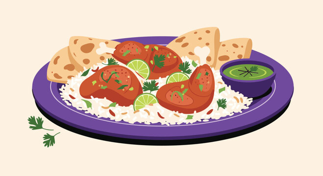 A vibrant illustration of a delicious meal on a purple plate with rice, meat, and naan.