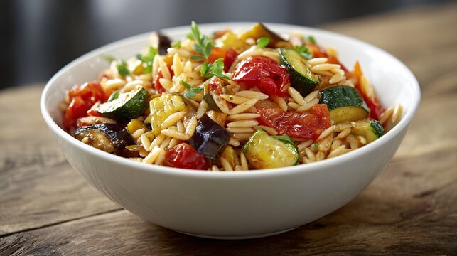 A orzo pasta with roasted vegetables, modern bowl, minimalist studio shot