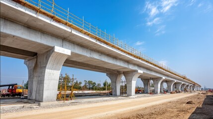 Modern Elevated Concrete Bridge Construction Site with Blue Sky and Scaffolding in Urban Development Project