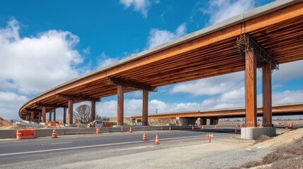 Fototapeta premium Modern architectural design showcasing a unique elevated highway structure with wooden beams under a vibrant blue sky and scenic background elements