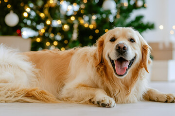 Happy golden retriever laying in front of the Christmas tree. Ai