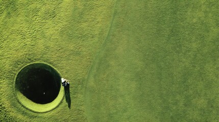 Aerial view of a golf course hole showcasing vibrant green grass and a solitary golfer preparing to putt in early morning light