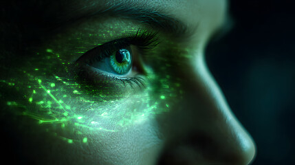Emerald Gaze: A captivating portrait of an individual's eye with digital enhancements, radiating an ethereal glow. Exploring themes of vision, technology.