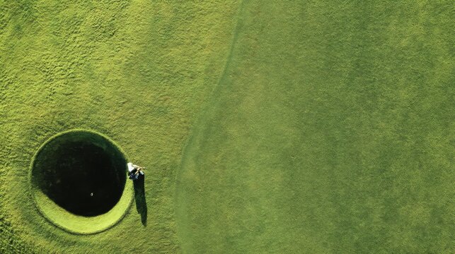 Aerial view of a golf course hole showcasing vibrant green grass and a solitary golfer preparing to putt in early morning light