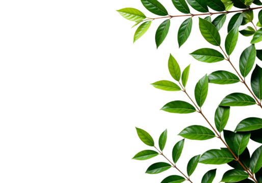 A beautiful botanical background featuring fresh green leaf branches isolated on a pure white backdrop. This natural frame design is ideal for a spring season card or an eco holiday message