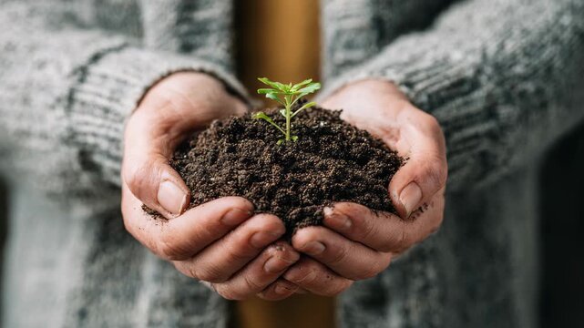 Hands gently holding soil with a small green seedling growing