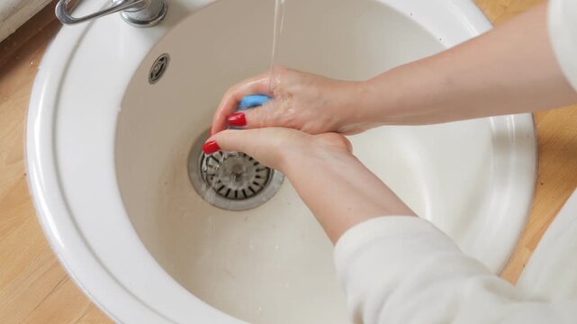 A woman is washing a kitchen sink. Top view. Video with sound.