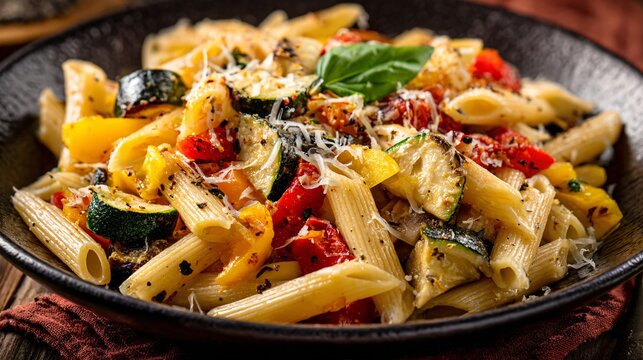 A penne pasta with roasted vegetables, warm neutral tones, airy overhead shot, negative space