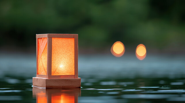 Christmas lantern floating on calm water with warm glowing light and peaceful atmosphere during festive evening celebration