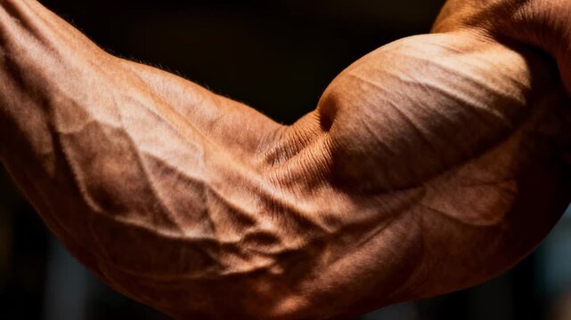 Close-up of a muscular arm flexed, veins visible, capturing intricate texture and human anatomy details